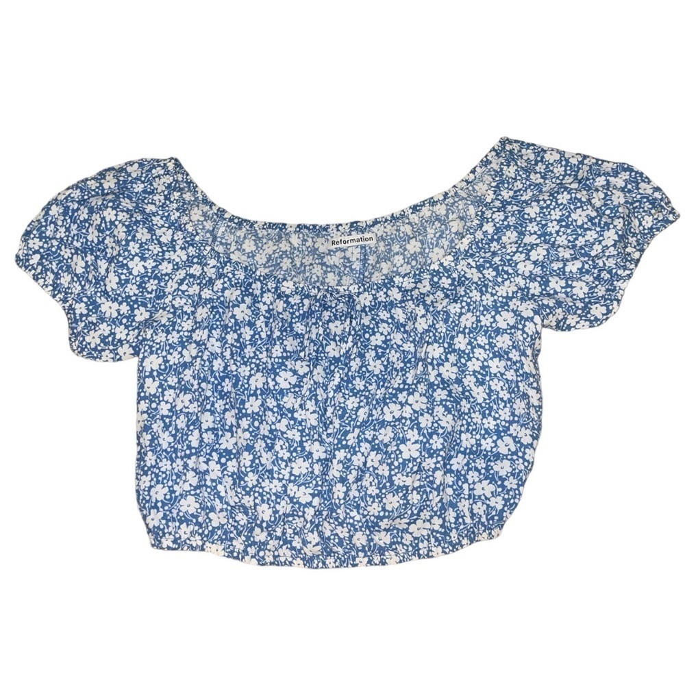 Reformation blue white floral elastic waist adjustable strap crop top size 4